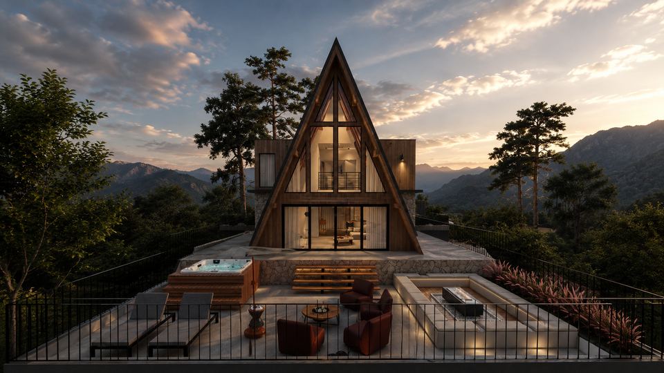 Casa A-Frame em meio à mata com deck, spa e lareira externa ao entardecer