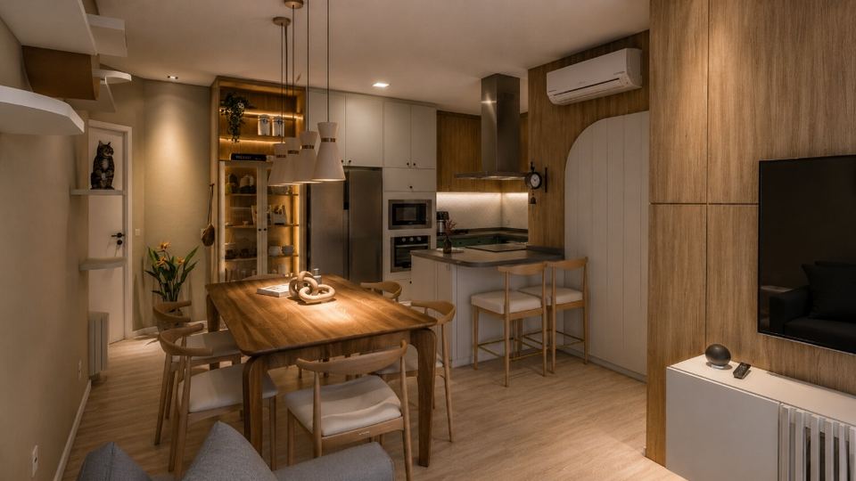 Cozinha e jantar integrados com mesa de madeira e pendentes
