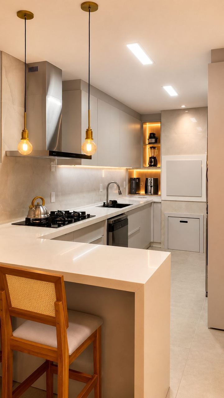 Cozinha clara com bancada em L e pendentes dourados