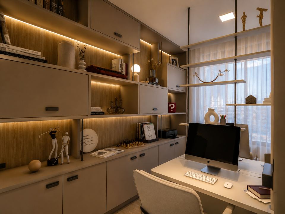Home office com estante iluminada e marcenaria sob medida