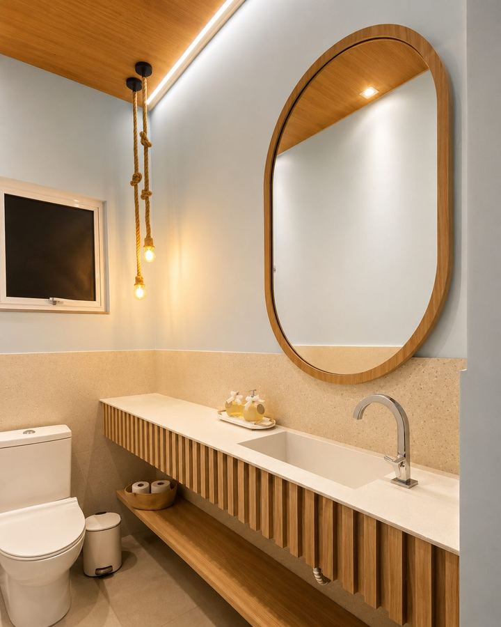 Lavabo com espelho oval em moldura de madeira e bancada ripada