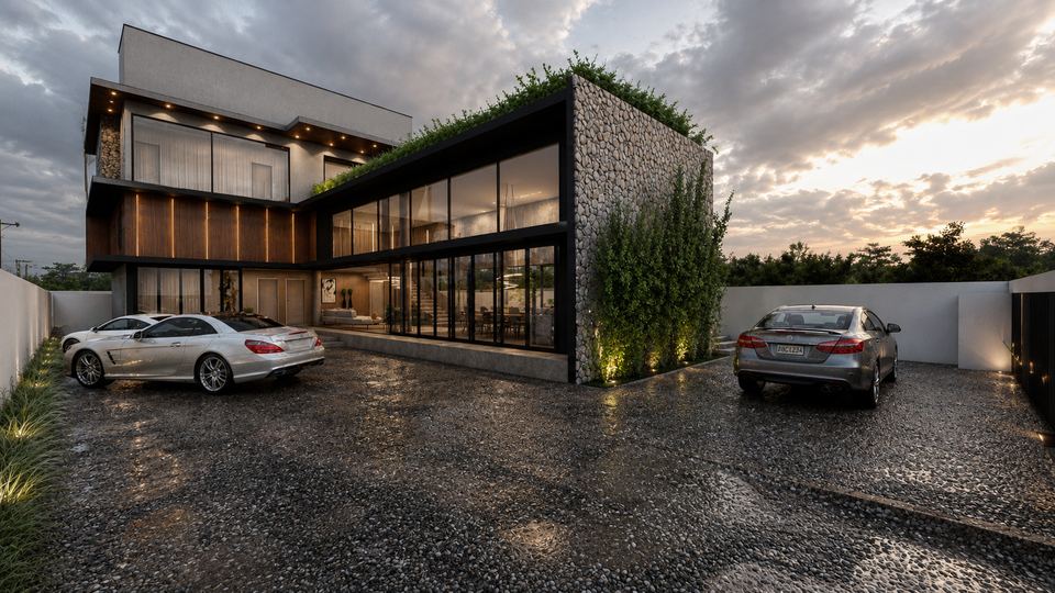 Residência contemporânea com volumes em pedra, madeira e vidro