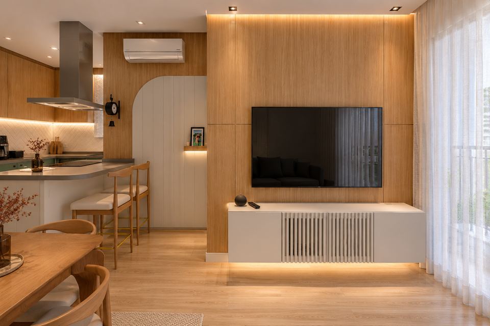 Projeto de interiores: sala com painel em madeira natural