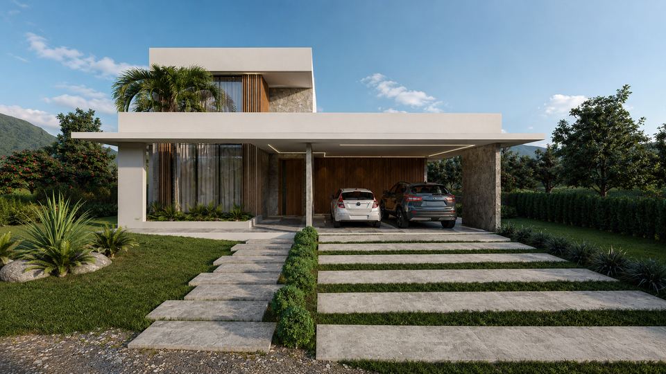 Residência térrea moderna com caminho de pedras e jardim
