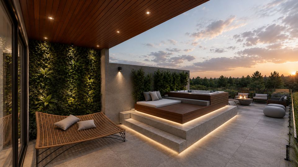 Rooftop ao pôr do sol com spa, deck iluminado e jardim vertical