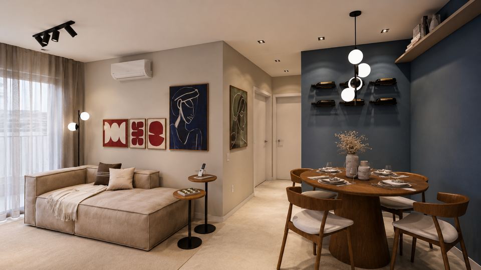 Sala e jantar com parede azul profundo e quadros autorais