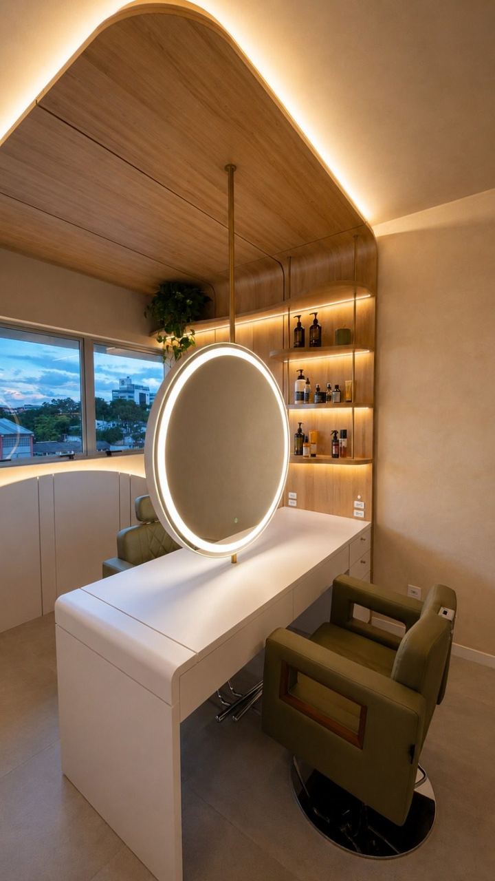Projeto de interiores: bancada com espelho redondo iluminado